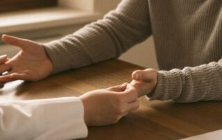 Mano de un profesional sanitario ofreciendo apoyo sobre una mesa, reducción de daños y acompañamiento sin juicio